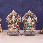 Pure Brass Ganesha Lakshmi Idol Pair with Meenakari Stonework - 8" Height